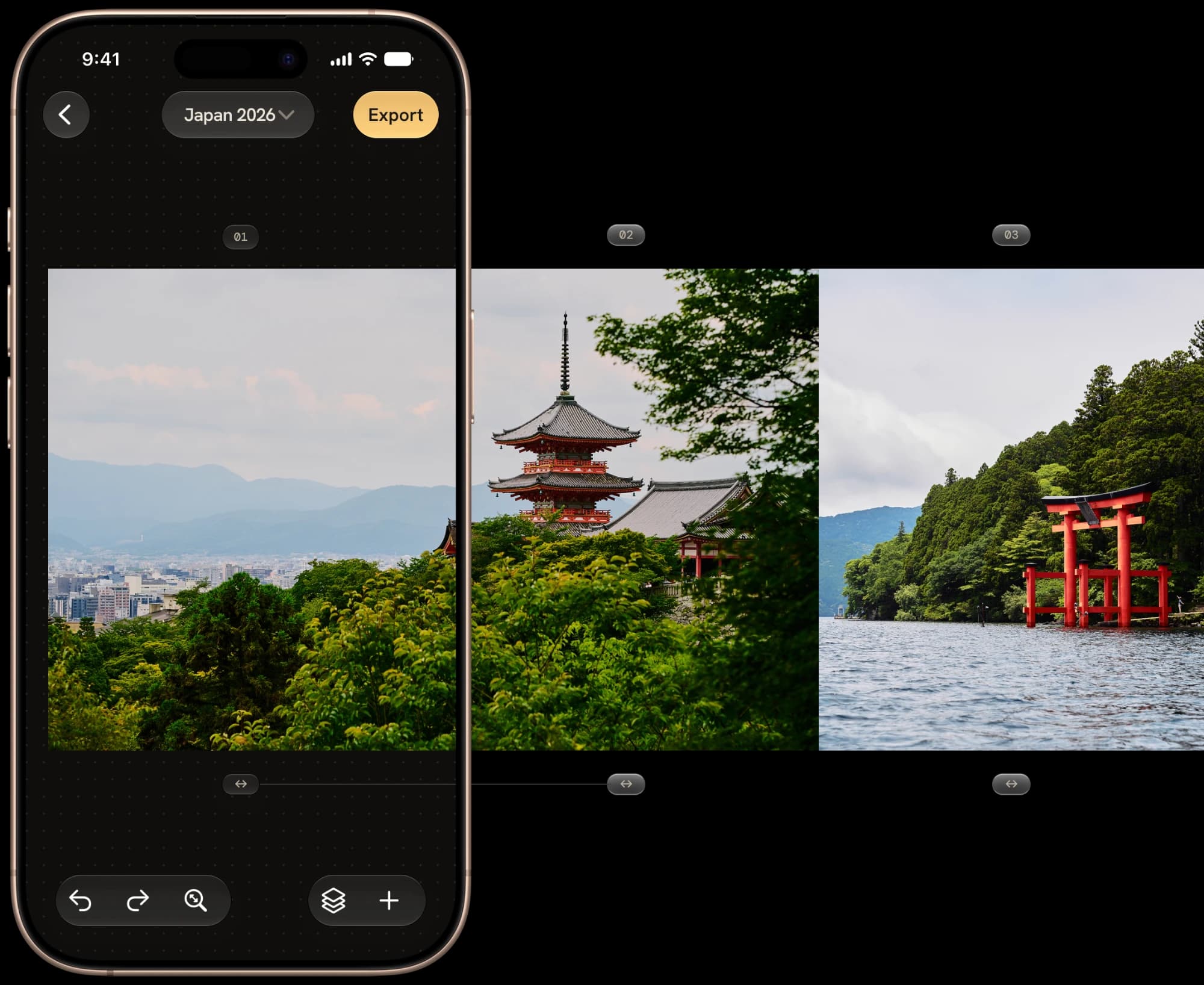 The FrameRoll editor on an iPhone: a photo of a Kyoto pagoda fills frame 01 and carries on past the edge of the phone into frame 02, where a second photo of a torii gate on a lake begins frame 03