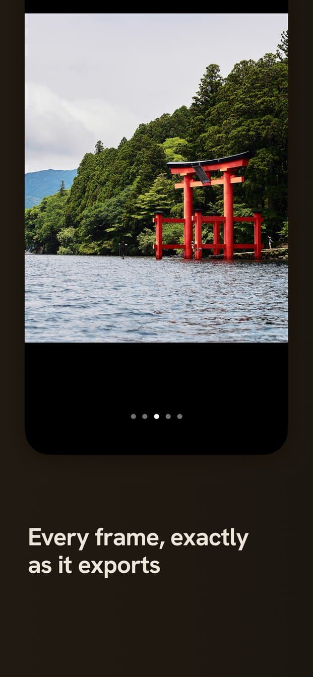 Every frame, exactly as it exports: a full-screen preview of one slide, a red torii gate on a lake, with dots marking its place in the carousel.